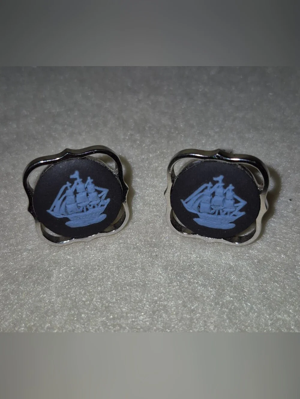 Wedgwood Jasperware Cufflinks Light Blue Ship Cameo Vintage Silver Tone Men's